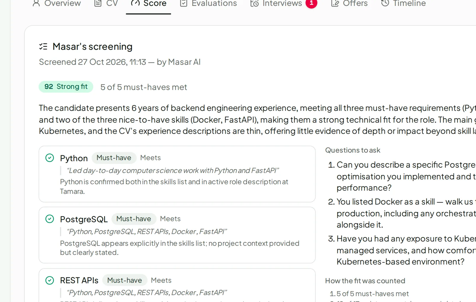 Masar's screening of a candidate: each requirement judged with the CV's own words as evidence