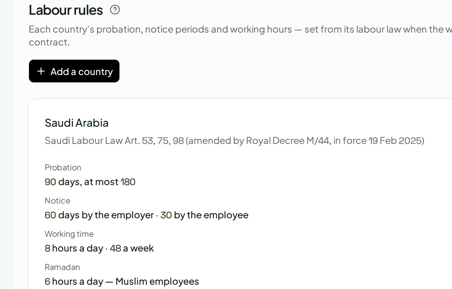 Each country's labour rules — probation, notice, hours and Ramadan — with the law they come from.