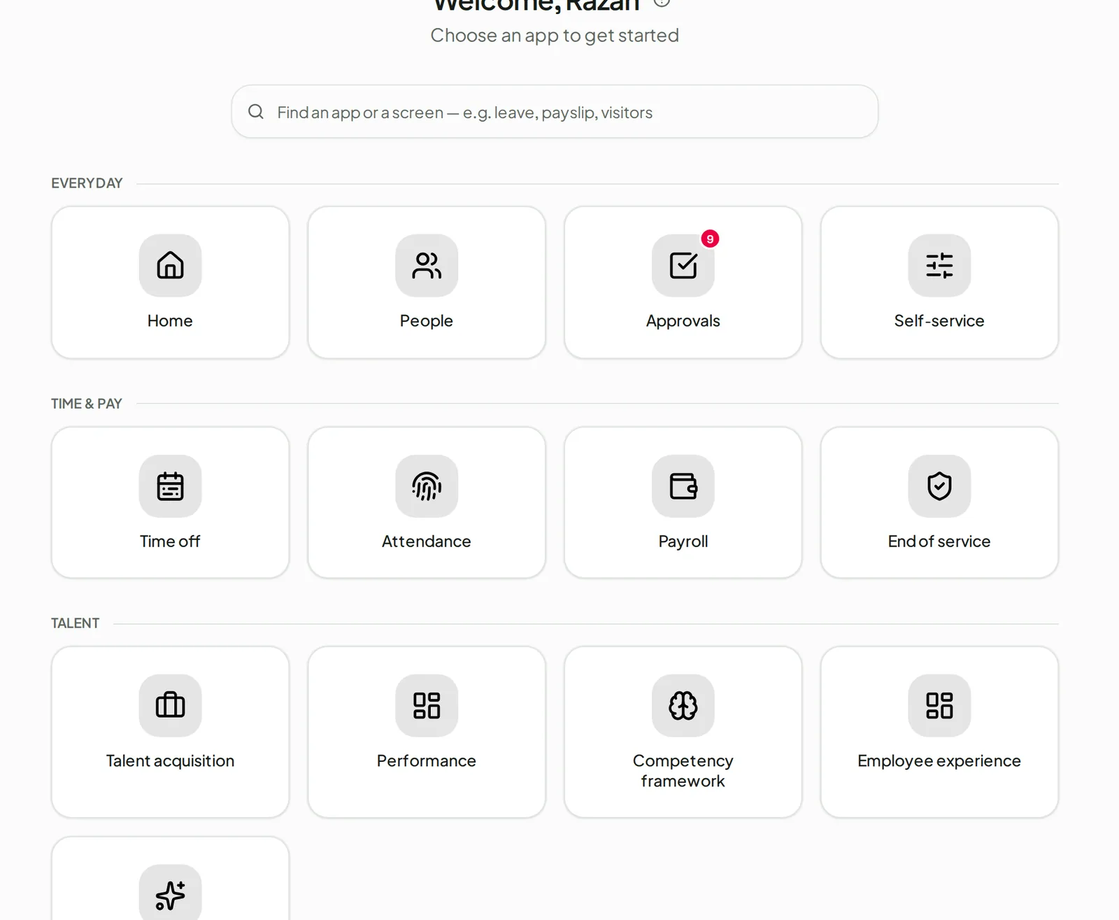 Every app a workspace has, on one home screen.